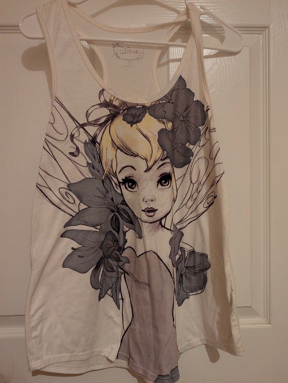 Disney Cream Tank Top with Gray and Yellow Tinker Bell Art